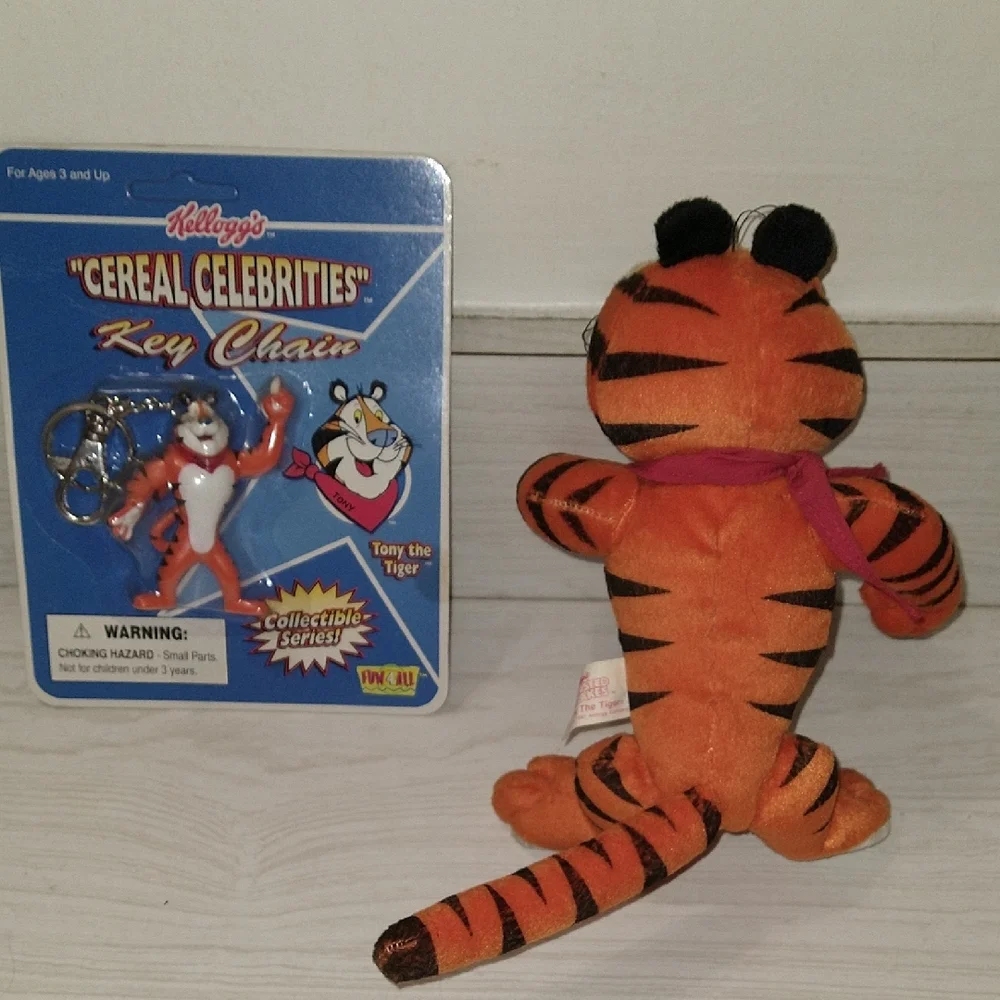 Vintage 1990s Tony the Tiger Plush Toy with Cereal Celebrities Keychain Set